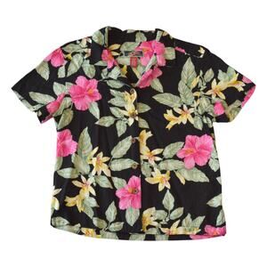 Vintage La Cabana Hawaiian Shirt Black Floral Rayon (Women Small)